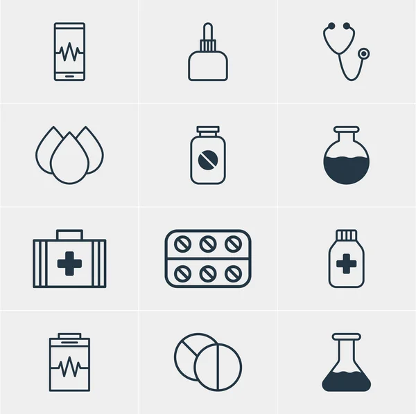 Ilustración vectorial de 12 iconos médicos. Paquete editable de monitor de teléfono, frasco, tratamiento y otros elementos . — Archivo Imágenes Vectoriales