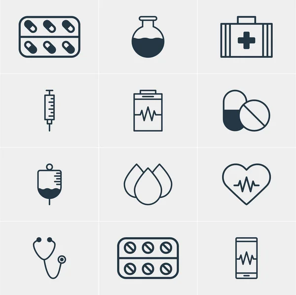 Illustration vectorielle de 12 icônes médicales. Pack modifiable de traitement, antibiotiques, médicaments et autres éléments . — Image vectorielle