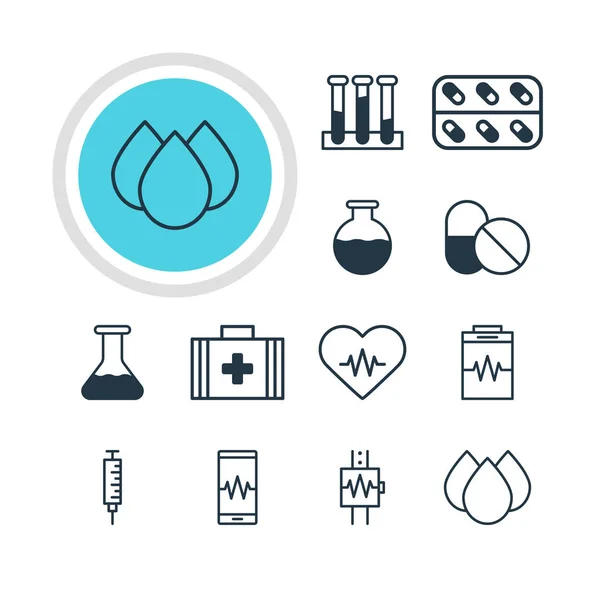 Vektorillustration av 12 medicin ikoner. Redigerbara Pack injektionsflaska, medicin, hjärtslag och andra element. — Stock vektor