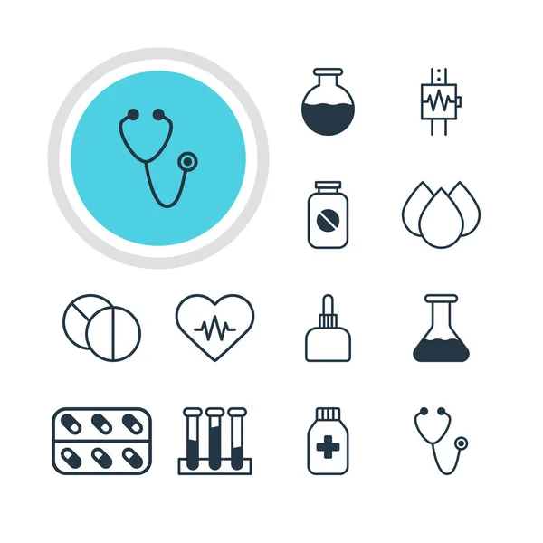 Vector Illustration of 12 Medicine Icons (dalam bahasa Inggris). Paket Tablet Bundar, Detak jantung, Obat Jar Dan Elemen Lainnya . - Stok Vektor