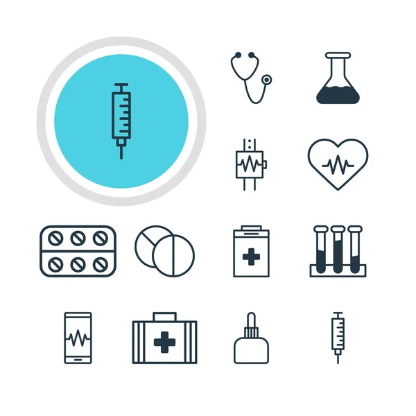 Vektorillustration av 12 medicinsk ikoner. Redigerbara Pack Phone Monitor, nödläge, kolv och andra element. — Stock vektor