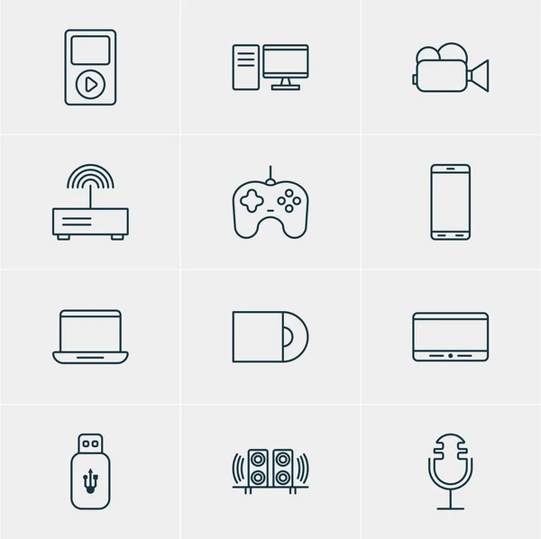 Illustration vectorielle de 12 icônes matérielles. Pack modifiable de haut-parleur, carte USB, PC et autres éléments . — Image vectorielle