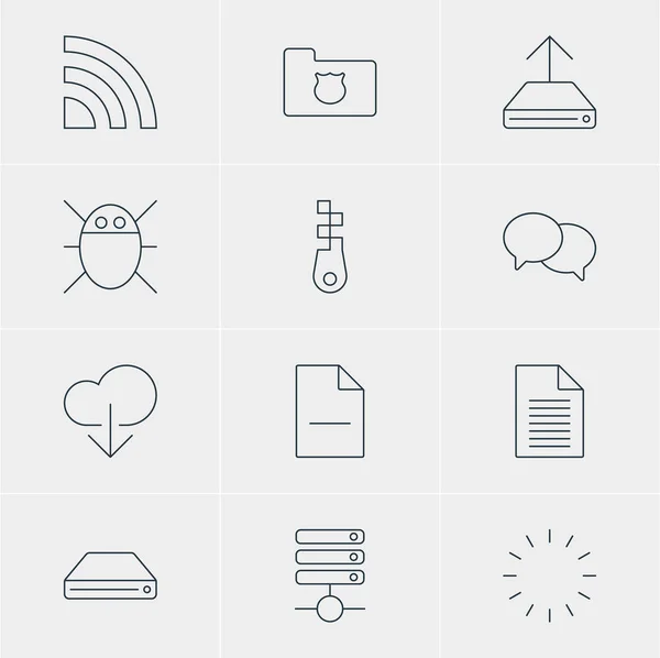 Ilustración vectorial de 12 iconos de red. Paquete editable de privacidad Doc, Servidor, Carga de datos y otros elementos . — Vector de stock