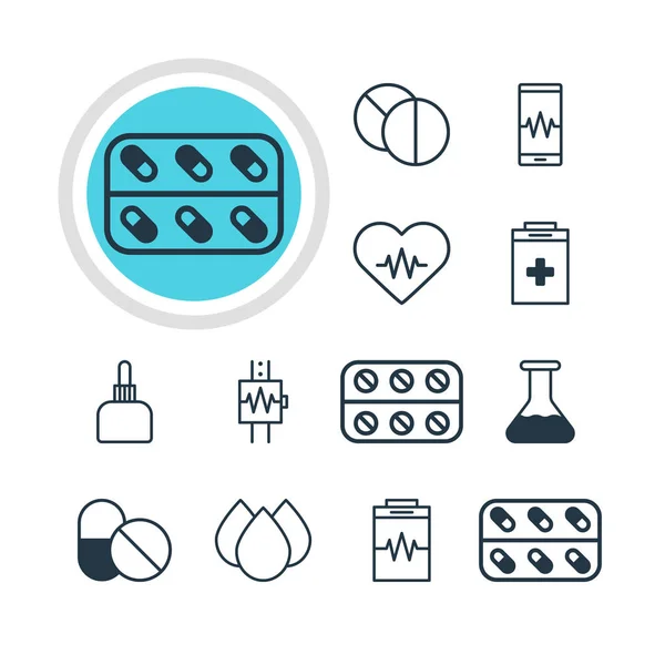Ilustración vectorial de 12 iconos médicos. Paquete editable de goteo, jarro del medicamento, píldoras y otros elementos . — Vector de stock