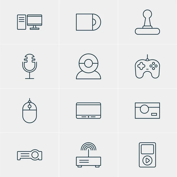 Vektorillustration av 12 hårdvara ikoner. Redigerbara Pack ljudinspelning, markörkontrollen, Media Controller och andra element. — Stock vektor