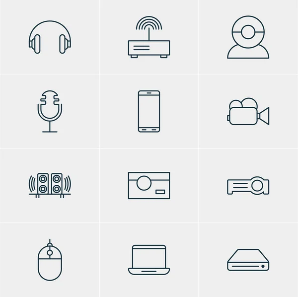 12 アクセサリー アイコンのベクター イラストです。スマート フォン、録音、記憶装置、その他の要素の編集パック. — ストックベクタ