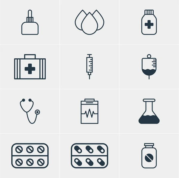 Ilustracja wektorowa 12 ikon zdrowia. Edytowalne opakowanie tabletek, leczenie, Zaszczepiacz i innych elementów. — Wektor stockowy