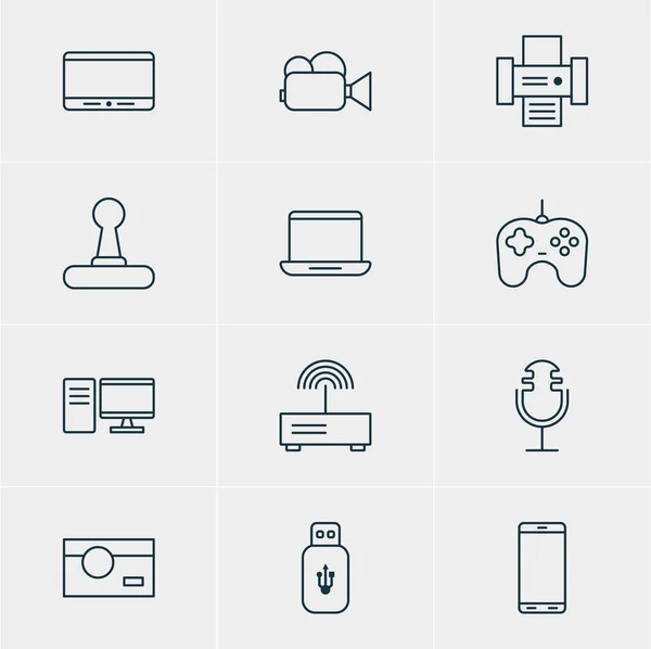 Illustration vectorielle de 12 icônes d'appareils. Pack modifiable de PC, enregistrement sonore, carte USB et autres éléments . — Image vectorielle