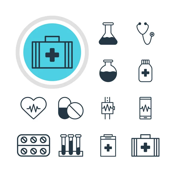 Ilustración vectorial de 12 iconos médicos. Envase editable de tarro de la medicina, pulso, antibióticos y otros elementos . — Vector de stock