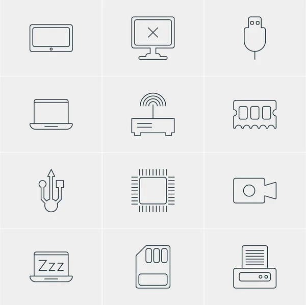 Illustration vectorielle de 12 icônes de carnet. Pack modifiable de microprocesseur, ordinateur portable, puce de mémoire et autres éléments . — Image vectorielle
