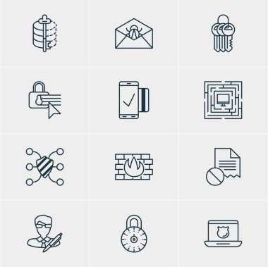 12 veri koruma simgeler vektör Illustration. Kodlayıcı, veri güvenliği, kolay ödeme ve diğer öğeleri düzenlenebilir paketi.