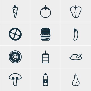 12 pişirme simgeler vektör Illustration. Aşk elması, pasta, sebze ve diğer öğeleri düzenlenebilir paketi.