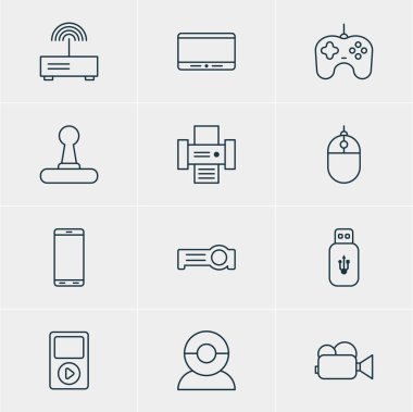 12 Aksesuar simgeler vektör Illustration. Işıldak, Fotokopi makinesi, monitör ve diğer öğeleri düzenlenebilir paketi.