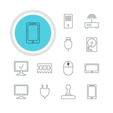 12 bilgisayar simgeler vektör Illustration. Bellek çipi, oyun denetleyicisi, yönlendirici ve diğer öğeleri düzenlenebilir paketi.