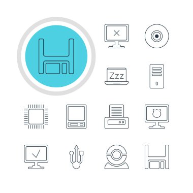 12 bilgisayar simgeler vektör Illustration. Antivirus, erişim engellendi, mikroişlemci ve başka öğeler düzenlenebilir sürüsü.