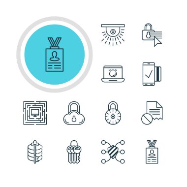 12 gizlilik simgeler vektör Illustration. Anahtar toplama, veri güvenliği, güvenli depolama ve diğer öğeleri düzenlenebilir sürüsü.