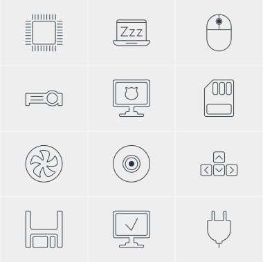 12 bilgisayar simgeler vektör Illustration. Tuş takımı, sunum, imleç manipülatör ve diğer öğeleri düzenlenebilir sürüsü.