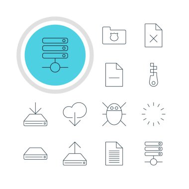 12 Web Simgeler Vektör Illustration. Hdd Sync, Not, veri yükleme ve diğer öğeleri düzenlenebilir paketi.