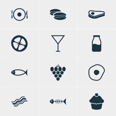 12 çanak simgeler vektör Illustration. Biftek, bağ, jambon ve diğer öğeleri düzenlenebilir sürüsü.