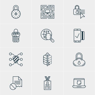 12 gizlilik simgeler vektör Illustration. Kodlayıcı, enterne dalga köpüğü, hesap verilerini ve diğer öğeleri düzenlenebilir paketi.