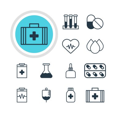 12 tıp simgeler vektör Illustration. İlaç, tedavi, antibiyotik ve diğer öğeleri düzenlenebilir paketi.