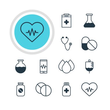 12 sağlık simgeler vektör Illustration. Aspirin, şişe, nabız ve diğer öğeleri düzenlenebilir sürüsü.