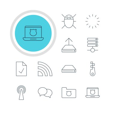 12 Web Simgeler Vektör Illustration. Gizlilik Doktor, düzenlenebilir paket kontrol Not, güvenli dizüstü bilgisayar ve diğer öğeleri.