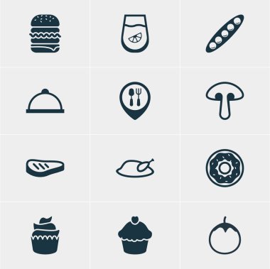 12 yeme simgeler vektör Illustration. Tabağı, patlıcan, mantar ve diğer öğeleri düzenlenebilir paketi.