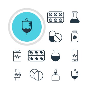 12 sağlık simgeler vektör Illustration. Aspirin, tedavi, kalp atışı ve diğer öğeleri düzenlenebilir paketi.