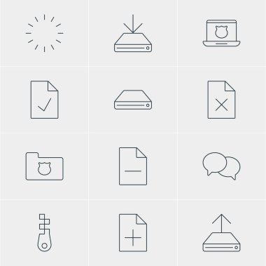 12 Internet simgeler vektör Illustration. Checked Not, belge ekleme, veri silme ve diğer öğeleri düzenlenebilir sürüsü.
