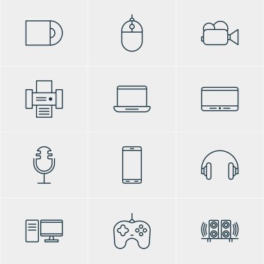 12 Gadget simgeler vektör Illustration. Bilgisayar, ses kayıt, hoparlör ve diğer öğeleri düzenlenebilir paketi.