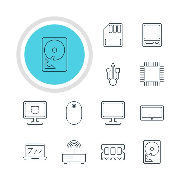 Illustration vectorielle de 12 icônes d'ordinateur portable. Pack modifiable de stockage, Pda, écran et autres éléments . — Image vectorielle