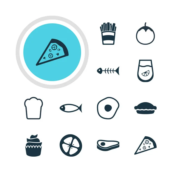 Vektorillustration von 12 Mahlzeitensymbolen. essbare Packung mit Saft, Meeresfrüchten, Flan und anderen Elementen. — Stockvektor