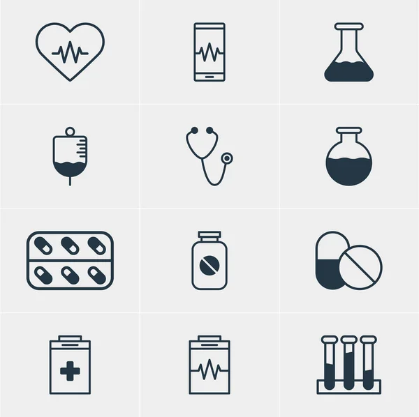 Vectorillustratie van 12 medische pictogrammen. Bewerkbare Pack van Experiment kolf, antibioticum, behandeling en andere elementen. — Stockvector