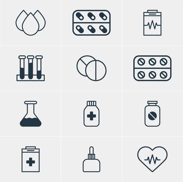 Illustration vectorielle de 12 icônes de la médecine. Paquet modifiable de comprimé rond, pot de médecine, pilules et autres éléments . — Image vectorielle