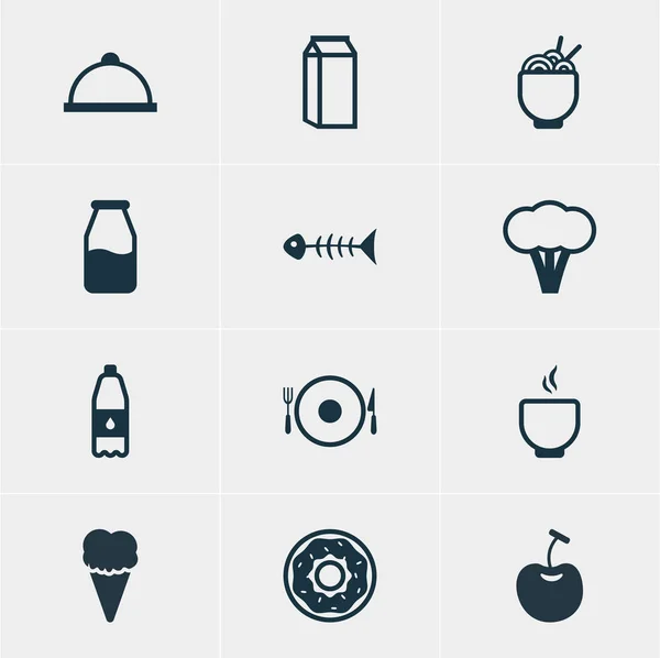 Illustrazione vettoriale di 12 icone del piatto. Pacchetto modificabile di cotone, scheletro, bottiglia da bere e altri elementi . — Vettoriale Stock