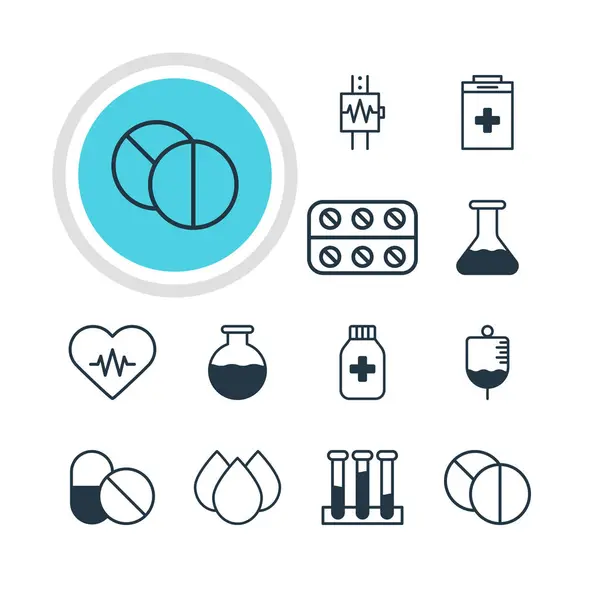 Vector Illustration dari 12 Medical Icons. Paket Teredit labu Percobaan, Obat Jar, Labu Dan Elemen Lainnya . - Stok Vektor