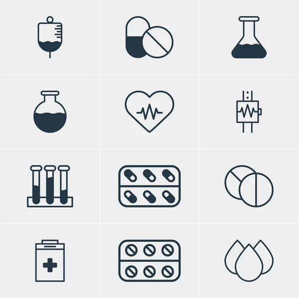 Ilustração vetorial de 12 ícones da medicina. Pacote editável de antibiótico, batimento cardíaco, frasco do experimento e outros elementos . —  Vetores de Stock