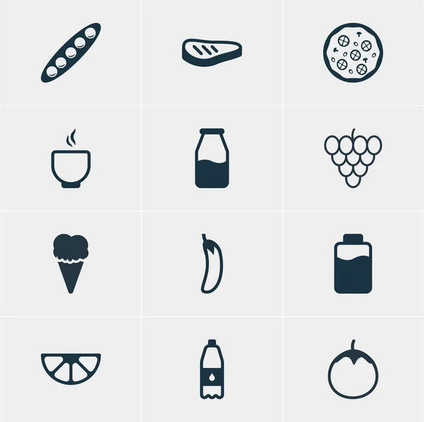 Vektorillustration von 12 Mahlzeitensymbolen. essbare Packung mit Schüssel, Roastbeef, Laktose und anderen Elementen. — Stockvektor