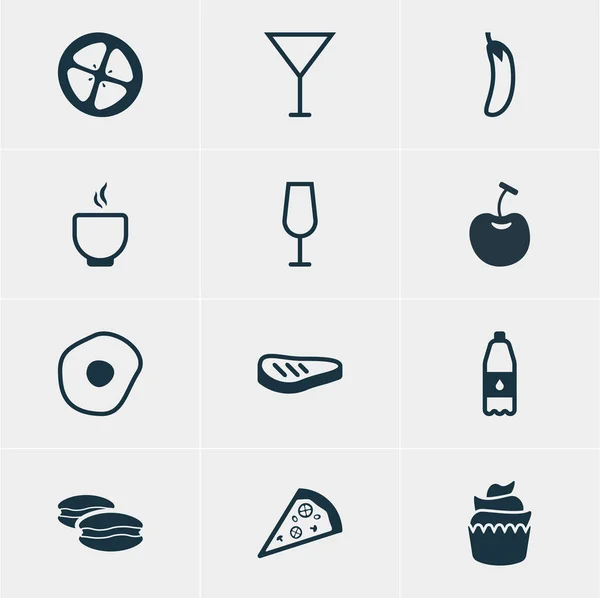 Vectorillustratie van 12 eten pictogrammen. Bewerkbare Pack van drank fles, Dessert, Martini en andere elementen. — Stockvector