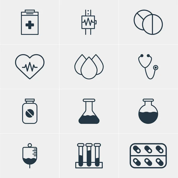 Ilustración vectorial de 12 iconos de la medicina. Envase editable de medicina, aspirina, tableta redonda y otros elementos . — Vector de stock