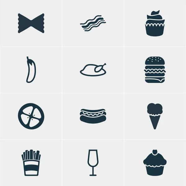 Ilustración vectorial de 12 iconos de la comida. Paquete Editable De Sandwich, Farfalle, Elementos De Patata . — Archivo Imágenes Vectoriales