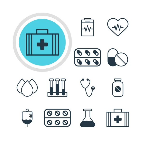 Ilustración vectorial de 12 iconos de la salud. Envase editable de frasco, píldoras, matraz de experimento y otros elementos . — Archivo Imágenes Vectoriales