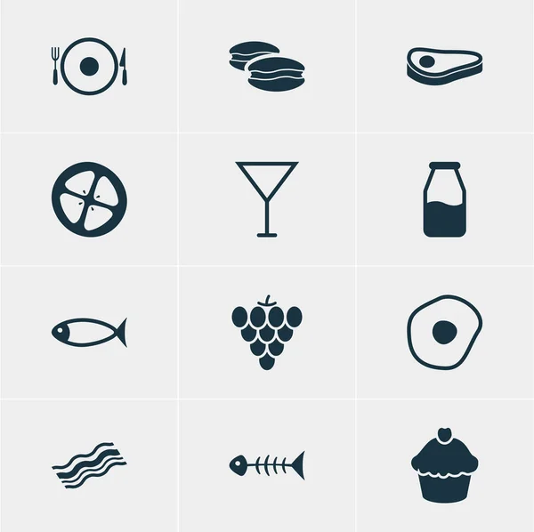 12 étel ikonok vektoros illusztráció. Szerkeszthető Pack Beefsteak, szőlő, sonka és egyéb elemek. — Stock Vector