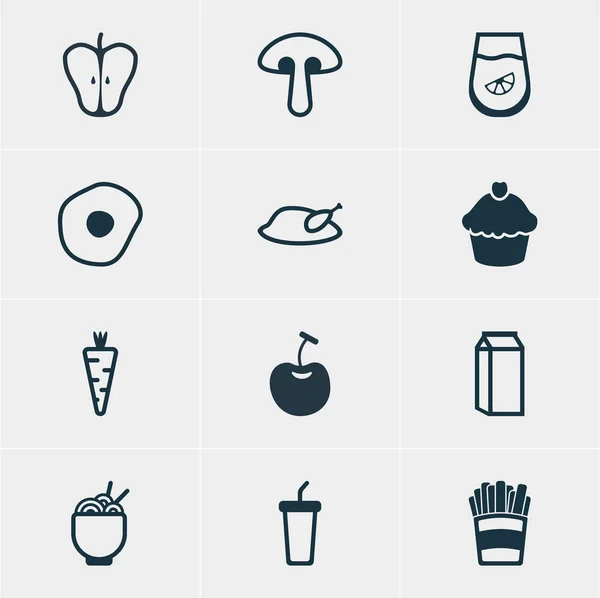 Vektorové ilustrace 12 ikon, kuchyně. Upravitelné Pack šťávy, míchaná vejce, špagety a další prvky. — Stockový vektor