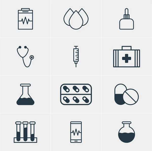 Vector εικονογράφηση 12 εικονίδια υγείας. Επεξεργάσιμο πακέτου ιατρική τσάντα, στάλα, φάρμακα και άλλα στοιχεία. — Διανυσματικό Αρχείο