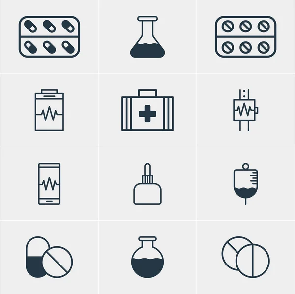 Vector Illustration of 12 Medicine Icons (dalam bahasa Inggris). Paket Pil yang Dapat Disunting, Antibiotik, Perawatan Dan Elemen Lain . - Stok Vektor