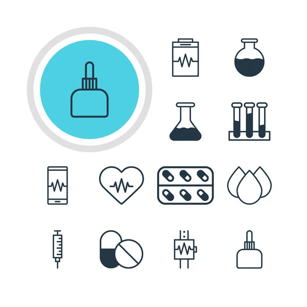 Illustrazione vettoriale di 12 icone di medicina. Pacchetto modificabile della medicina, della fiaschetta, della fiaschetta dell'esperimento e di altri elementi . — Vettoriale Stock
