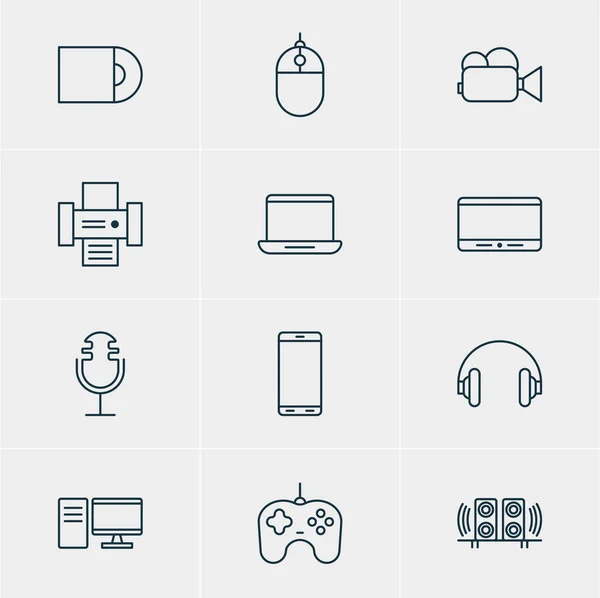 Illustration vectorielle de 12 icônes Gadget. Pack modifiable d'ordinateur, d'enregistrement sonore, de haut-parleur et d'autres éléments . — Image vectorielle