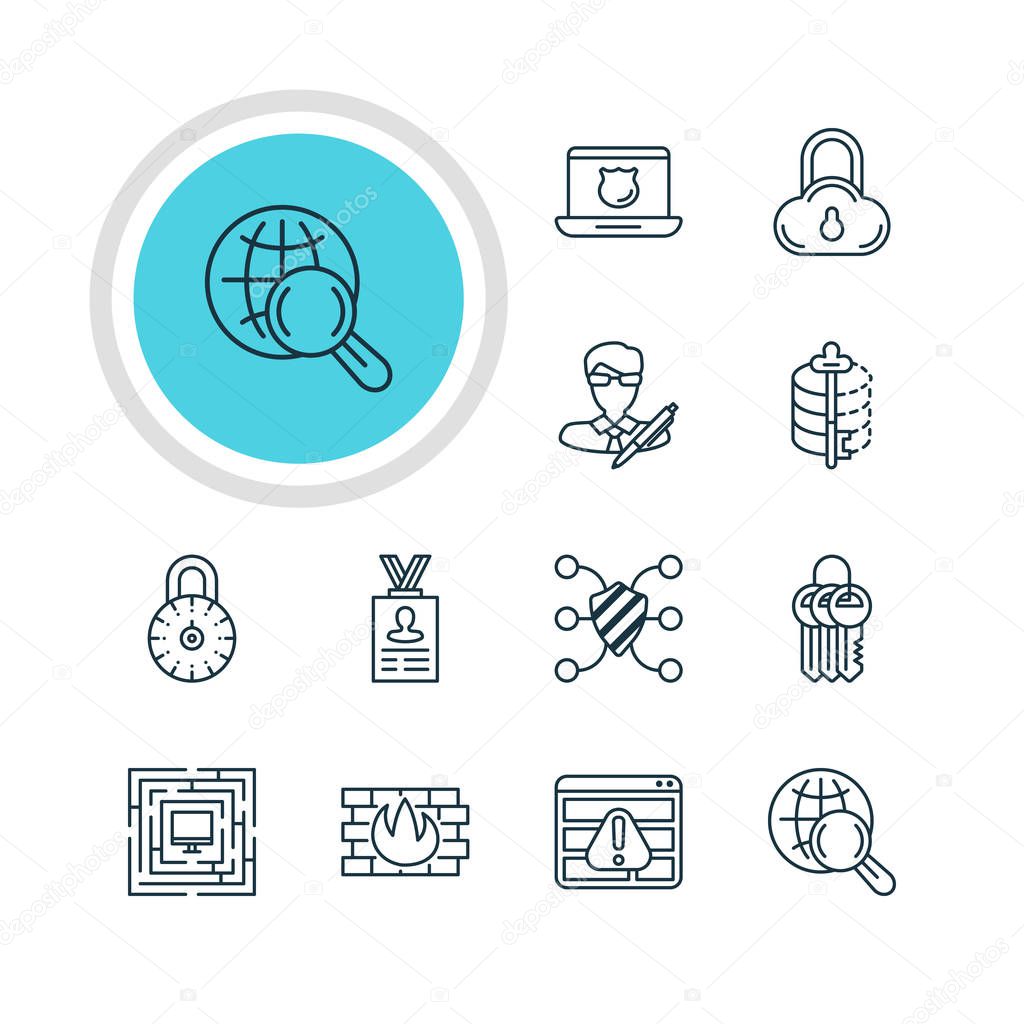 Vector Illustration Of 12 Web Safety Icons. Editable Pack Of Browser Warning, Data Security, Key Collection And Other Elements.